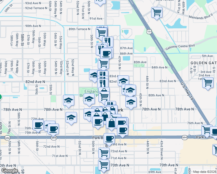 map of restaurants, bars, coffee shops, grocery stores, and more near 4861 81st Avenue in Pinellas Park
