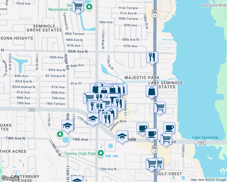 map of restaurants, bars, coffee shops, grocery stores, and more near 8080 112th Street North in Seminole