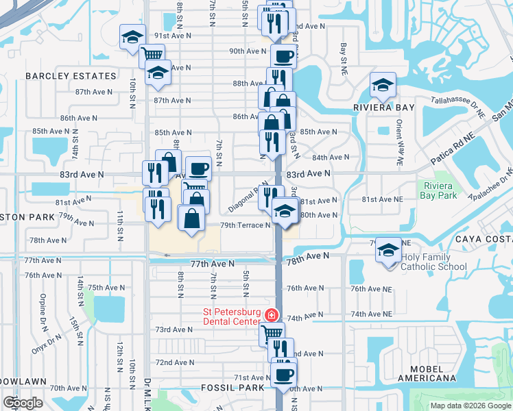 map of restaurants, bars, coffee shops, grocery stores, and more near 8031 5th Street North in St. Petersburg