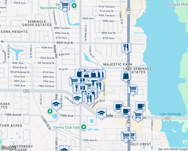 map of restaurants, bars, coffee shops, grocery stores, and more near 303 112th Street North in Seminole