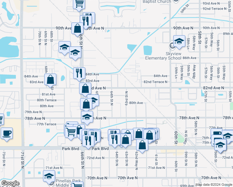 map of restaurants, bars, coffee shops, grocery stores, and more near 6365 81st Avenue in Pinellas Park