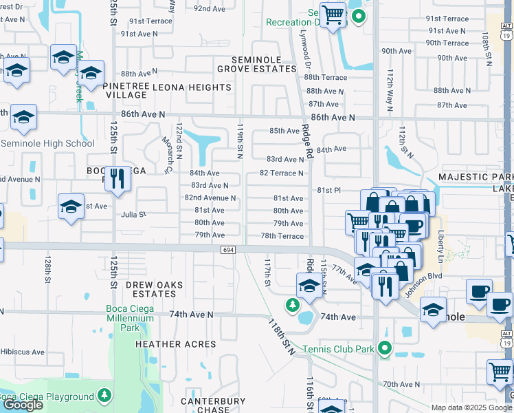 map of restaurants, bars, coffee shops, grocery stores, and more near 11770 81st Avenue in Seminole
