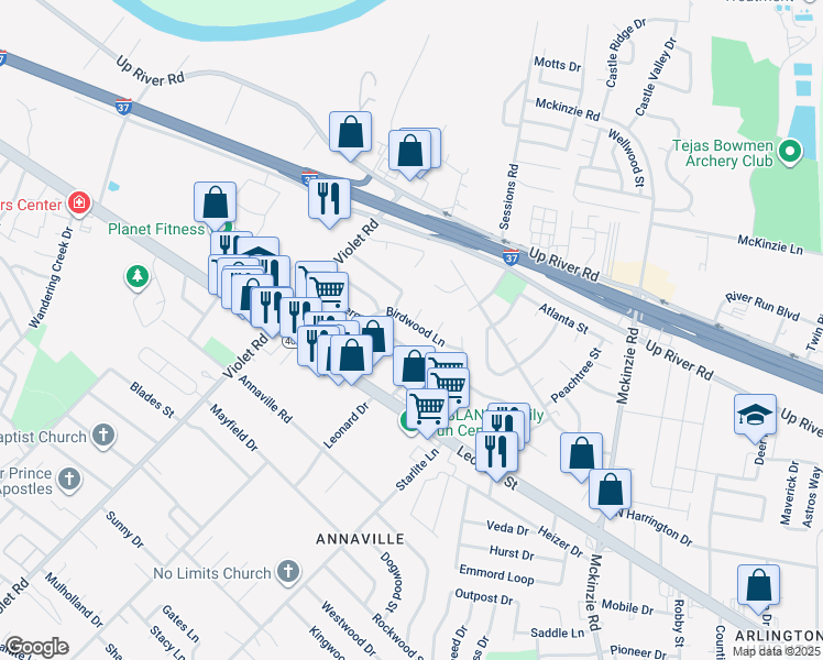 map of restaurants, bars, coffee shops, grocery stores, and more near 11009 Birdwood Lane in Corpus Christi
