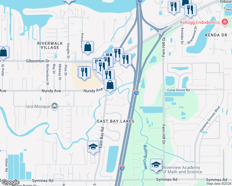map of restaurants, bars, coffee shops, grocery stores, and more near 9427 Bullfrog Court in Gibsonton