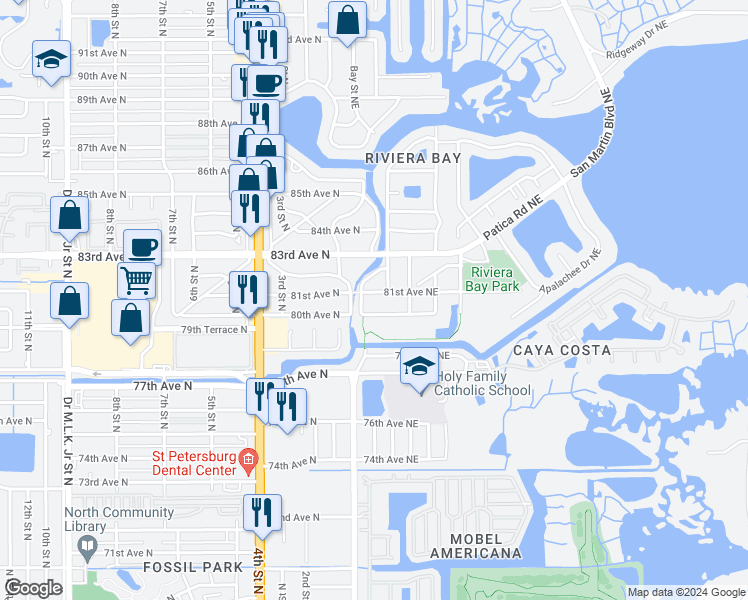map of restaurants, bars, coffee shops, grocery stores, and more near 120 81st Avenue Northeast in Saint Petersburg