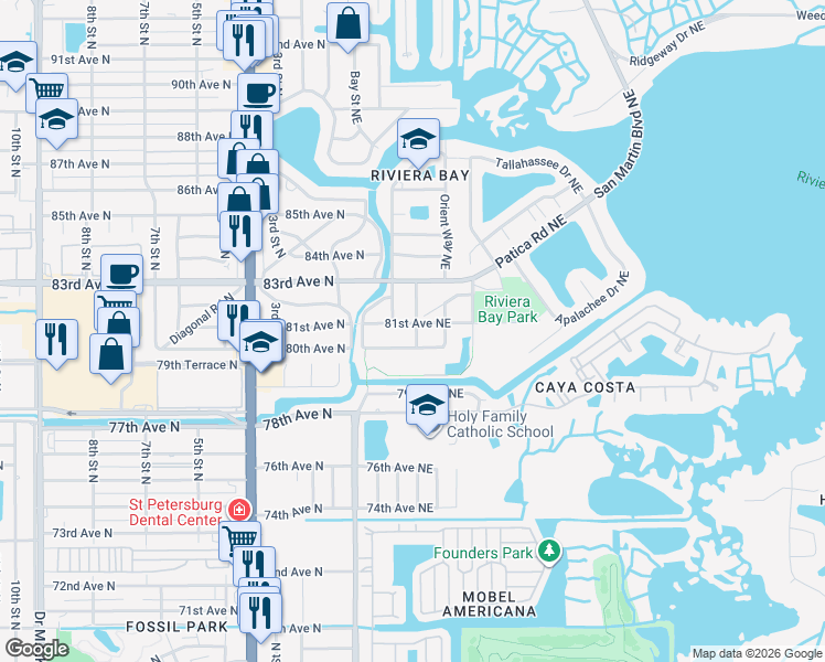 map of restaurants, bars, coffee shops, grocery stores, and more near 312 81st Avenue Northeast in St. Petersburg