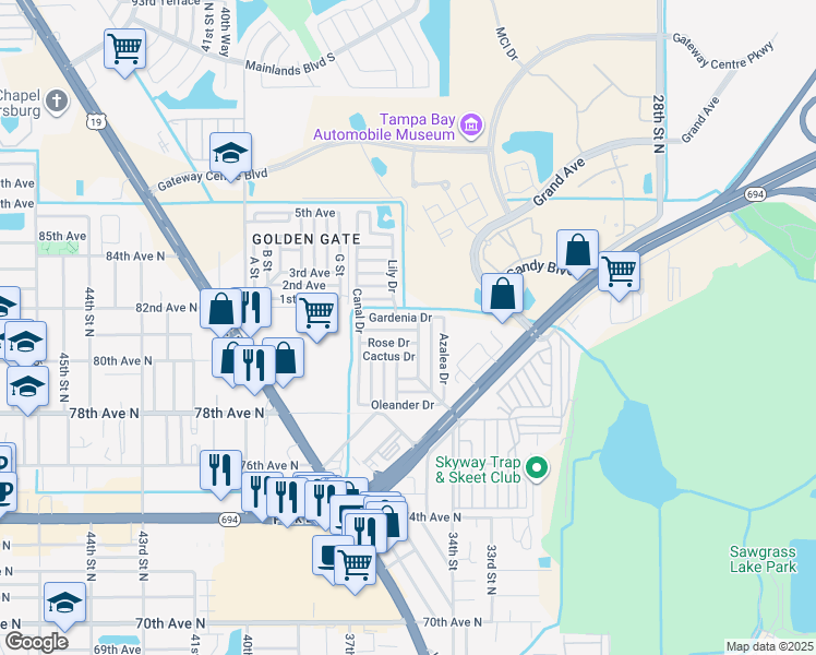 map of restaurants, bars, coffee shops, grocery stores, and more near 34525 Violet Drive in Pinellas Park