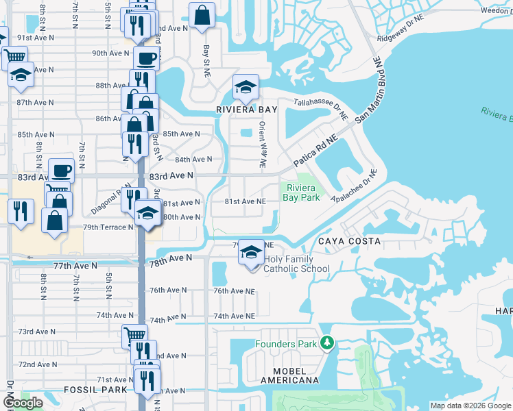 map of restaurants, bars, coffee shops, grocery stores, and more near 312 81st Avenue Northeast in St. Petersburg
