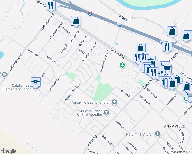 map of restaurants, bars, coffee shops, grocery stores, and more near 11602 Coleta Creek Drive in Corpus Christi