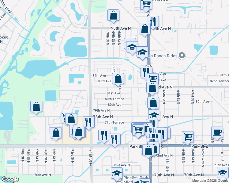 map of restaurants, bars, coffee shops, grocery stores, and more near 6833 81st Avenue in Pinellas Park