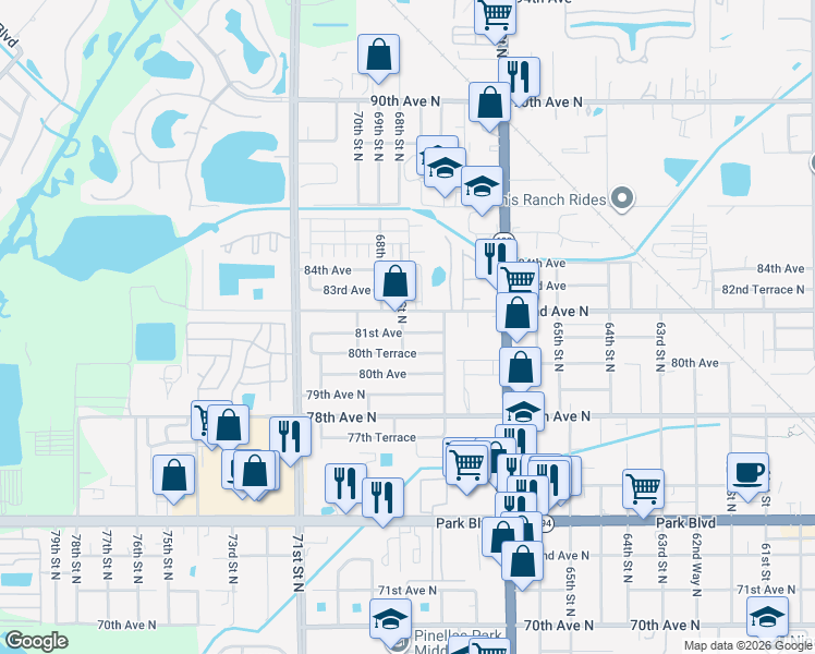 map of restaurants, bars, coffee shops, grocery stores, and more near 6795 81st Avenue in Pinellas Park