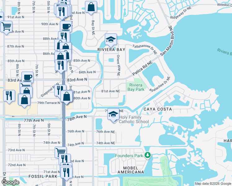 map of restaurants, bars, coffee shops, grocery stores, and more near 312 81st Avenue Northeast in St. Petersburg