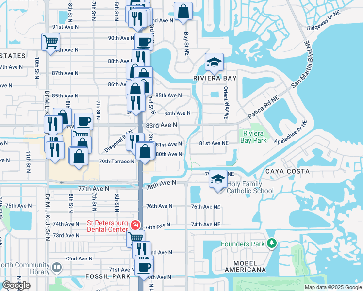map of restaurants, bars, coffee shops, grocery stores, and more near 8030 Riverside Dr N in St Petersburg