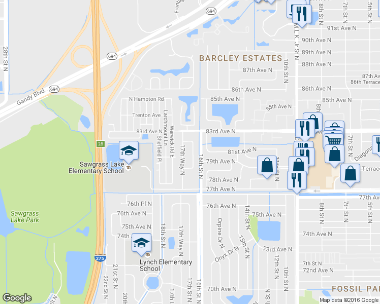 map of restaurants, bars, coffee shops, grocery stores, and more near 8000 17th Street North in St. Petersburg