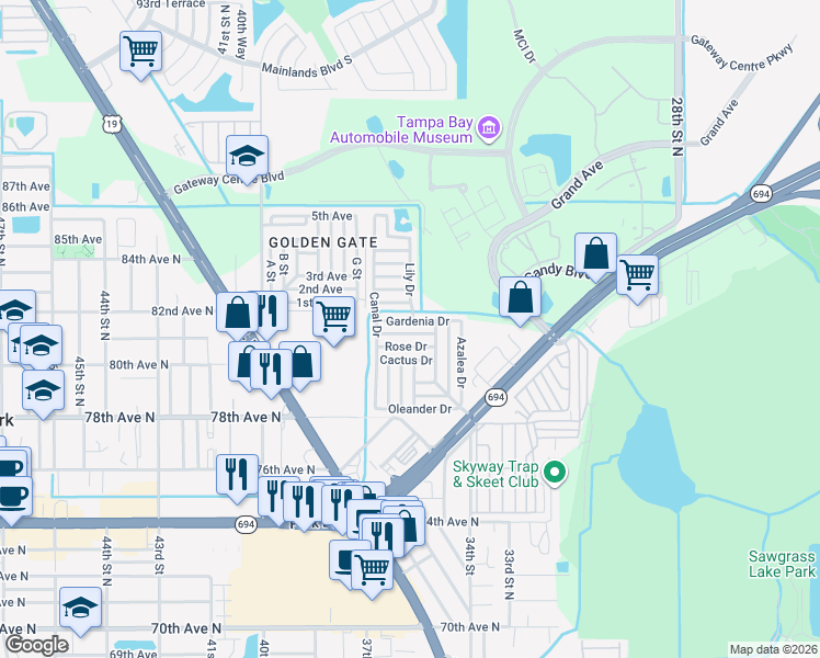 map of restaurants, bars, coffee shops, grocery stores, and more near 34455 Hibiscus Drive in Pinellas Park