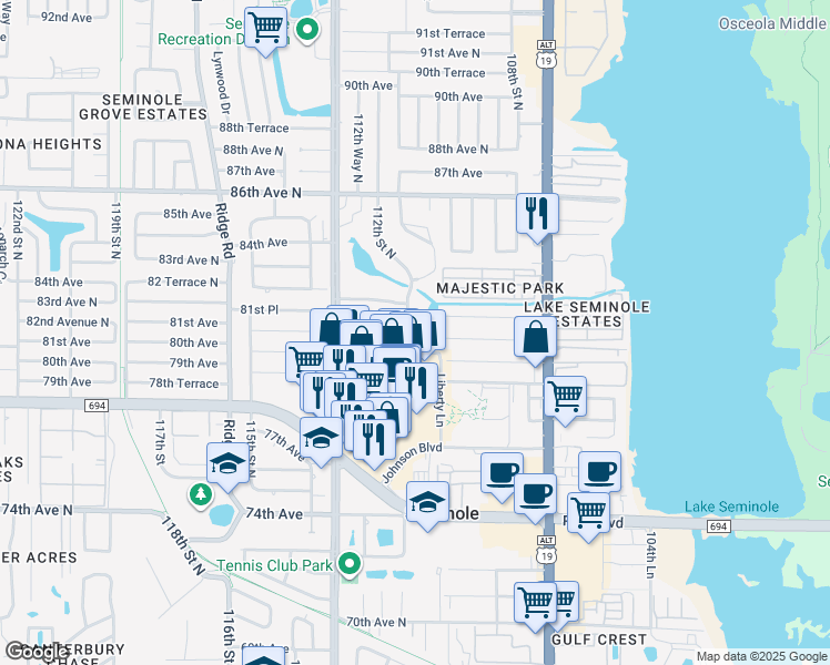 map of restaurants, bars, coffee shops, grocery stores, and more near 8075 112th Street North in Seminole