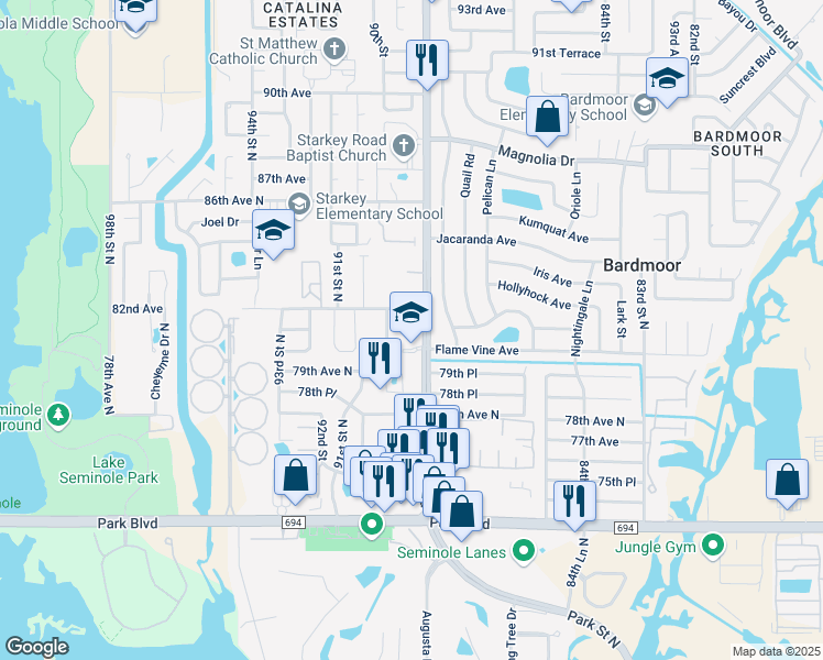map of restaurants, bars, coffee shops, grocery stores, and more near 8050 Starkey Road in Seminole