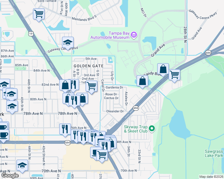 map of restaurants, bars, coffee shops, grocery stores, and more near 34098 Cherry Drive in Pinellas Park