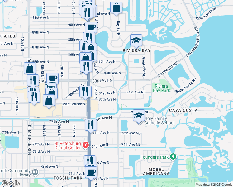 map of restaurants, bars, coffee shops, grocery stores, and more near 8030 Riverside Drive North in St. Petersburg