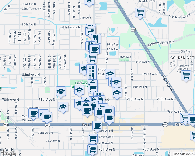 map of restaurants, bars, coffee shops, grocery stores, and more near in Pinellas Park