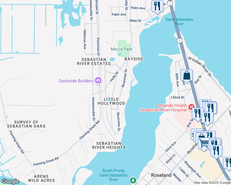 map of restaurants, bars, coffee shops, grocery stores, and more near 9899 Oak Street in Sebastian