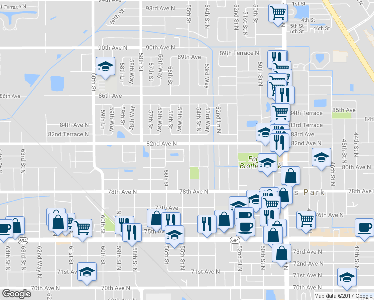 map of restaurants, bars, coffee shops, grocery stores, and more near 8151 55th Way North in Pinellas Park