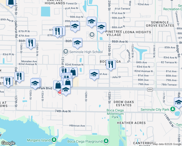 map of restaurants, bars, coffee shops, grocery stores, and more near 8133 128th Street in Seminole