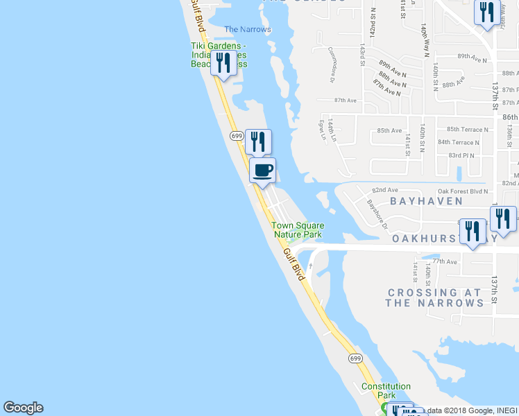 map of restaurants, bars, coffee shops, grocery stores, and more near 19206 Gulf Boulevard in Indian Shores
