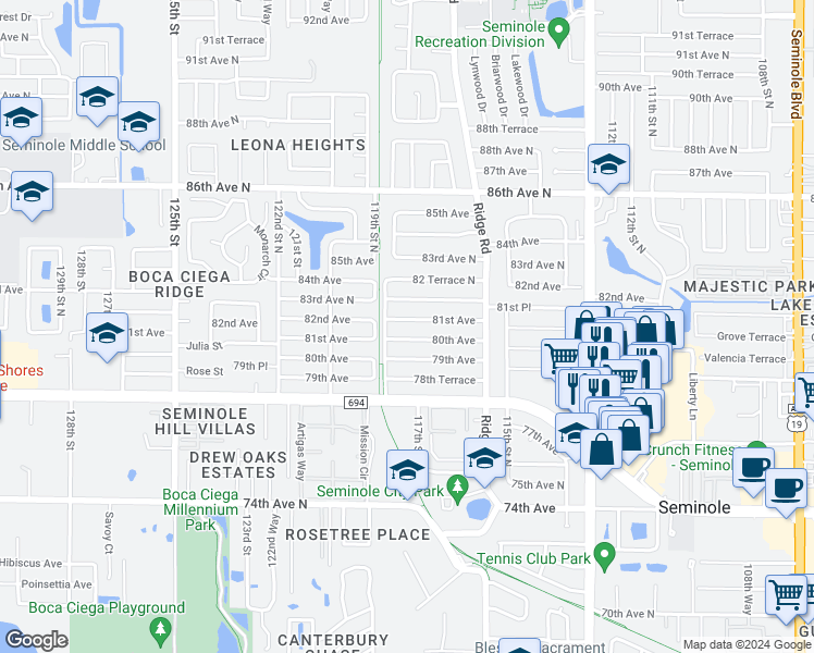 map of restaurants, bars, coffee shops, grocery stores, and more near 11754 81st Avenue in Seminole
