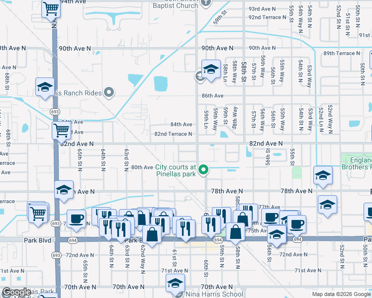 map of restaurants, bars, coffee shops, grocery stores, and more near 6051 81st Terrace North in Pinellas Park