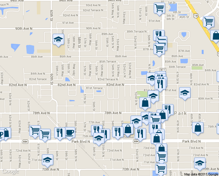 map of restaurants, bars, coffee shops, grocery stores, and more near 8173 55th Street North in Pinellas Park