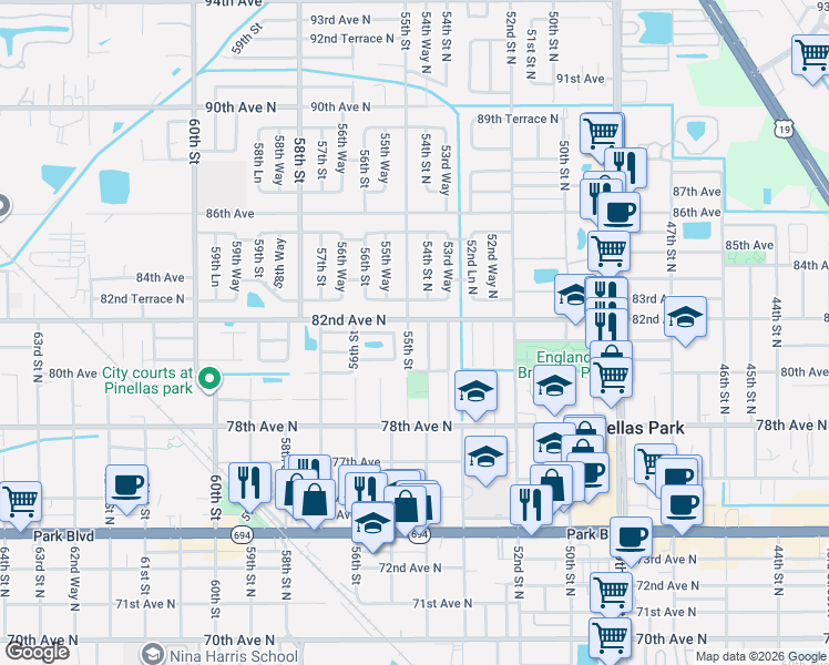 map of restaurants, bars, coffee shops, grocery stores, and more near 8151 55th Way North in Pinellas Park