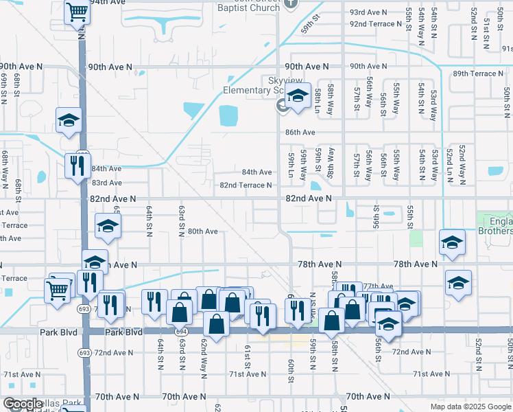 map of restaurants, bars, coffee shops, grocery stores, and more near 6051 81st Terrace North in Pinellas Park