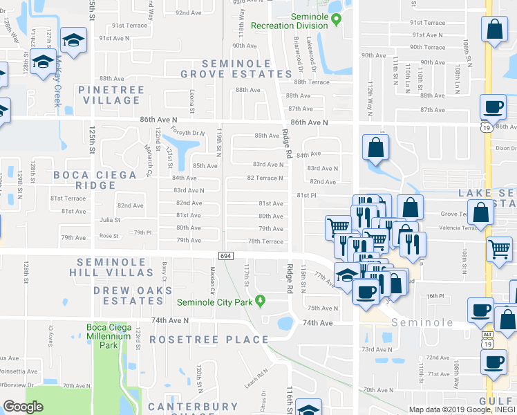map of restaurants, bars, coffee shops, grocery stores, and more near 11714 81st Avenue in Seminole