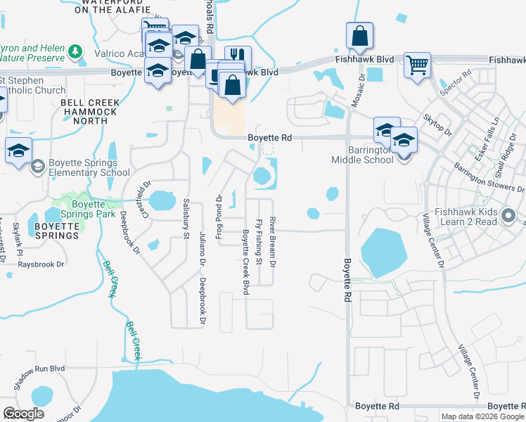 map of restaurants, bars, coffee shops, grocery stores, and more near 10408 Fly Fishing Street in Riverview