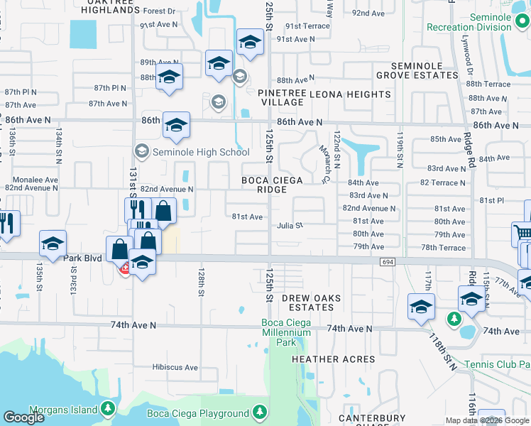 map of restaurants, bars, coffee shops, grocery stores, and more near 8100 125th Street in Seminole