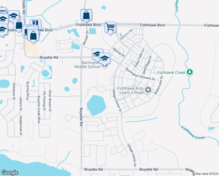 map of restaurants, bars, coffee shops, grocery stores, and more near 13916 Lake Fishhawk Drive in Lithia