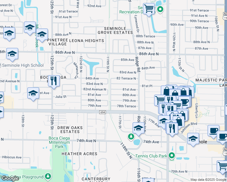 map of restaurants, bars, coffee shops, grocery stores, and more near 11770 81st Avenue in Seminole