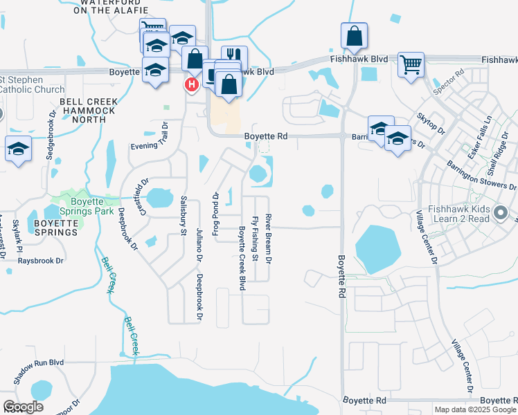 map of restaurants, bars, coffee shops, grocery stores, and more near 10408 Fly Fishing Street in Riverview