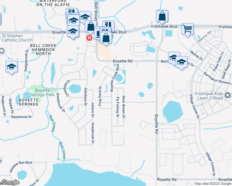 map of restaurants, bars, coffee shops, grocery stores, and more near 10407 Fly Fishing Street in Riverview