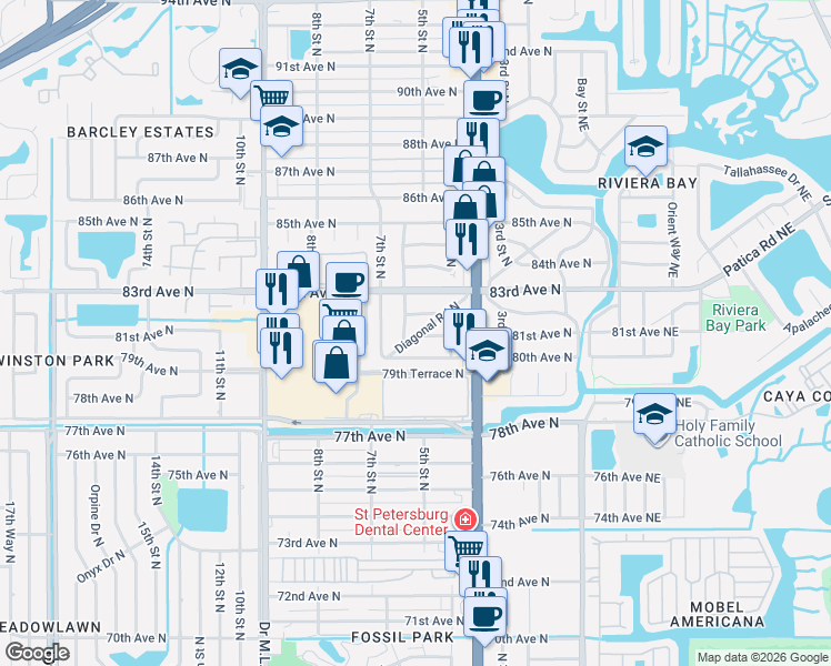 map of restaurants, bars, coffee shops, grocery stores, and more near 8110 Diagonal Road North in St. Petersburg