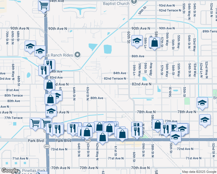map of restaurants, bars, coffee shops, grocery stores, and more near 8181 61st Lane in Pinellas Park