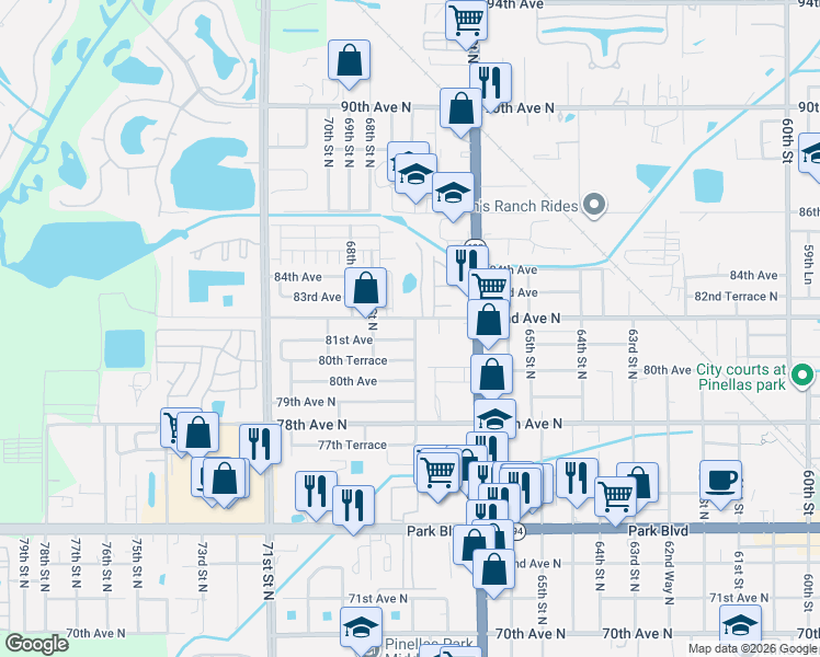 map of restaurants, bars, coffee shops, grocery stores, and more near 8149 67th Street in Pinellas Park