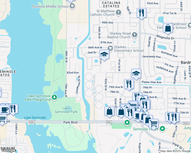 map of restaurants, bars, coffee shops, grocery stores, and more near 8101 Garden Drive in Seminole