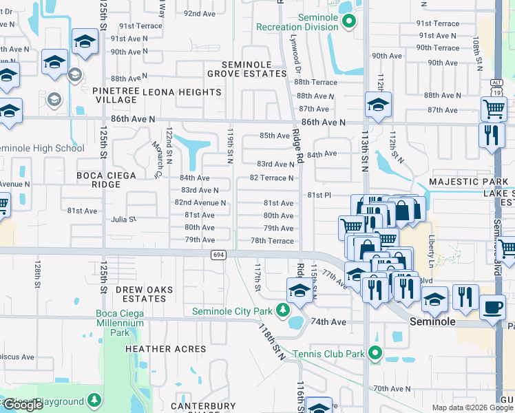 map of restaurants, bars, coffee shops, grocery stores, and more near 11714 81st Avenue in Seminole