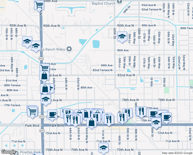 map of restaurants, bars, coffee shops, grocery stores, and more near 8181 61st Lane in Pinellas Park
