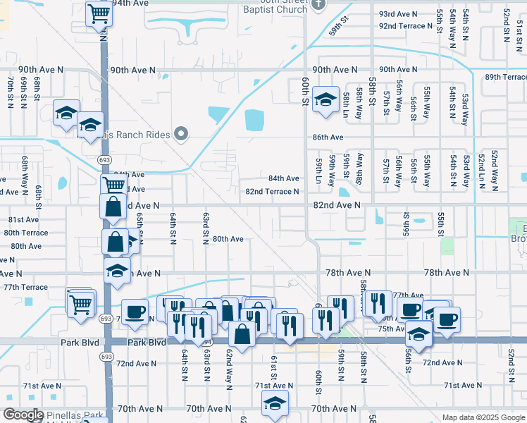 map of restaurants, bars, coffee shops, grocery stores, and more near 8181 61st Lane in Pinellas Park