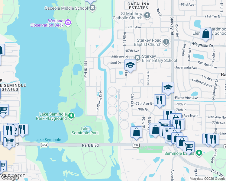 map of restaurants, bars, coffee shops, grocery stores, and more near 112 Fernwood Circle in Seminole