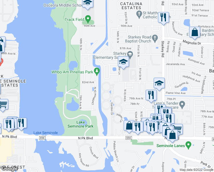 map of restaurants, bars, coffee shops, grocery stores, and more near 121 Fernwood Circle in Seminole