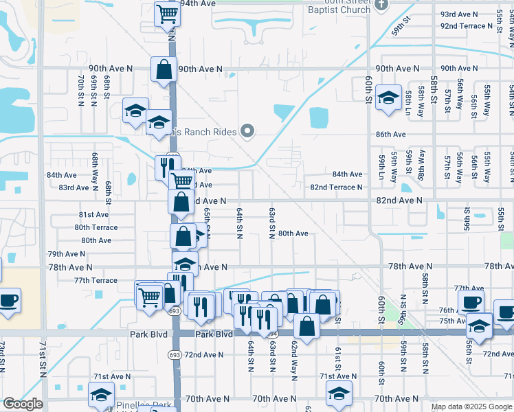 map of restaurants, bars, coffee shops, grocery stores, and more near 6352 82nd Avenue North in Pinellas Park